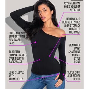 TA3 Corset Shapey Slimming Long Sleeve One Shoulder Top Black NWT XL